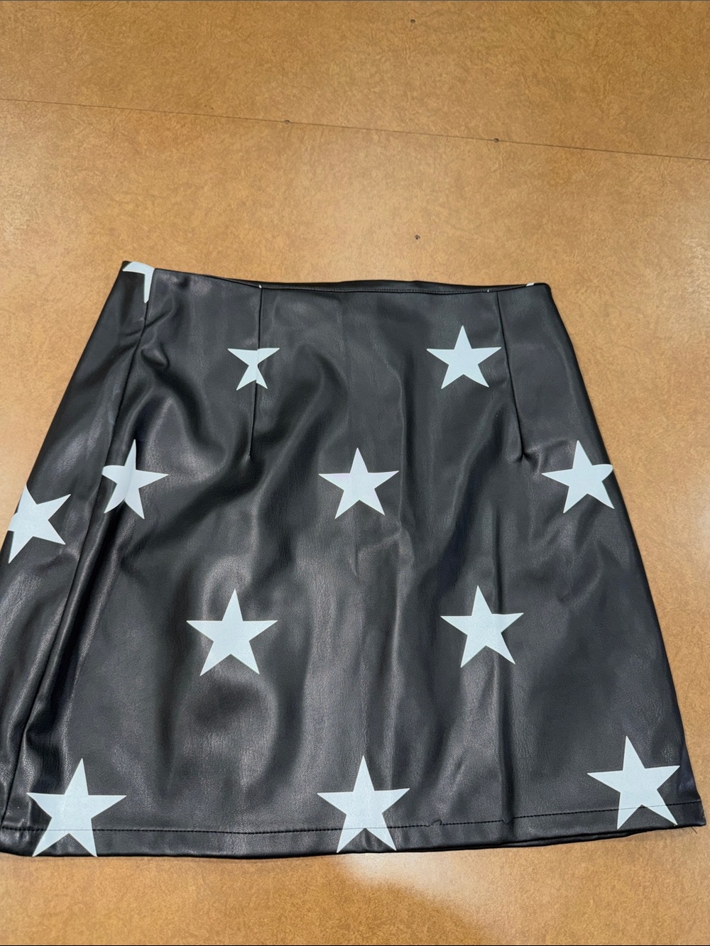 NWT • Peach Love California Black Faux Leather A-Line Skirt with White Stars • M